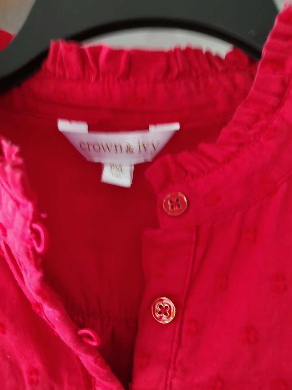 Women’s Red Ruffle Button-Front Blouse - Picture 3 of 7